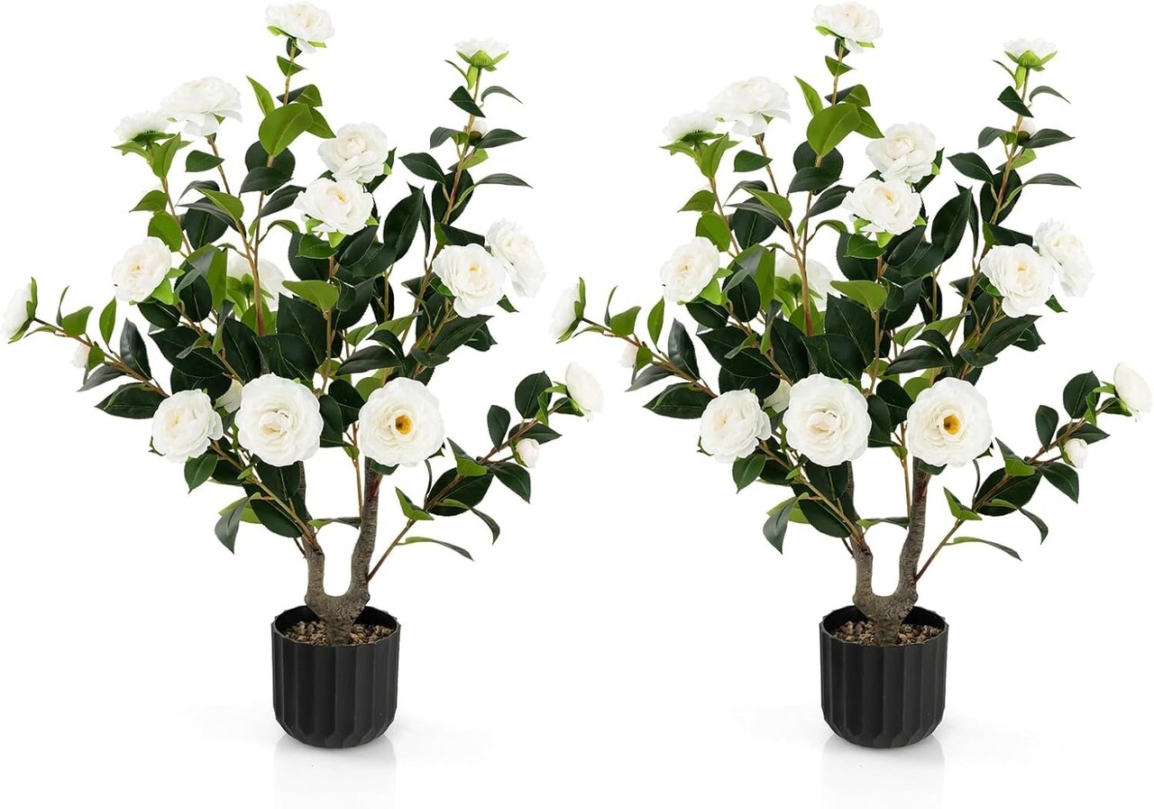 2pcs 38" Artificial Camellia Tree Flower Plant in Yellow Cement